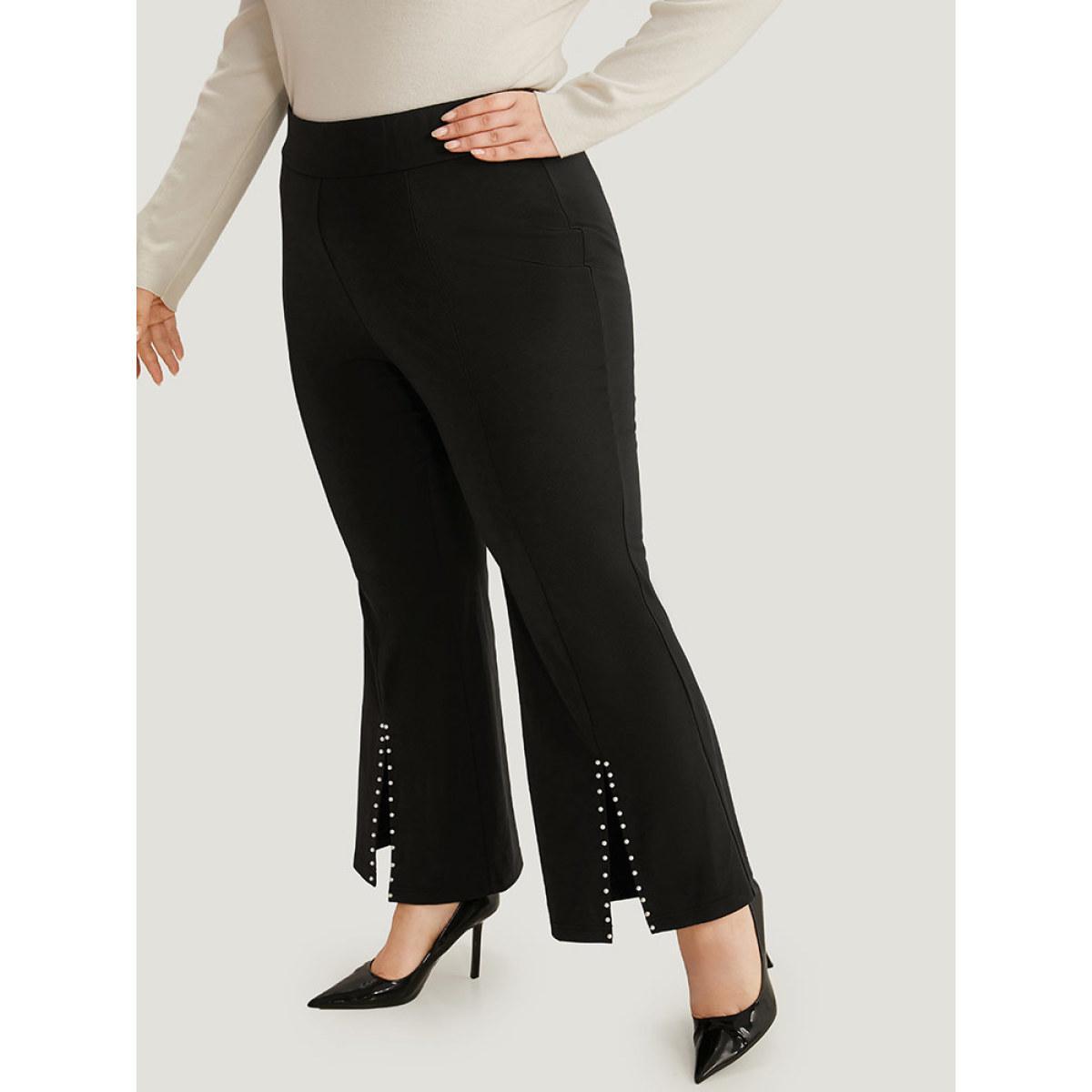 Plus Size Bootcut Pearl Beaded Split Front Pants Women Black Office Flare Leg High Rise Work Pants BloomChic 18-20/2X Product Image