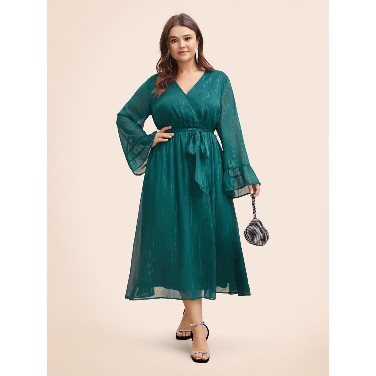 Plus Size Chiffon Overlap Collar Split Hem Dress Aegean Women Cocktail Texture Overlap Collar Long Sleeve Curvy BloomChic 10/M Product Image
