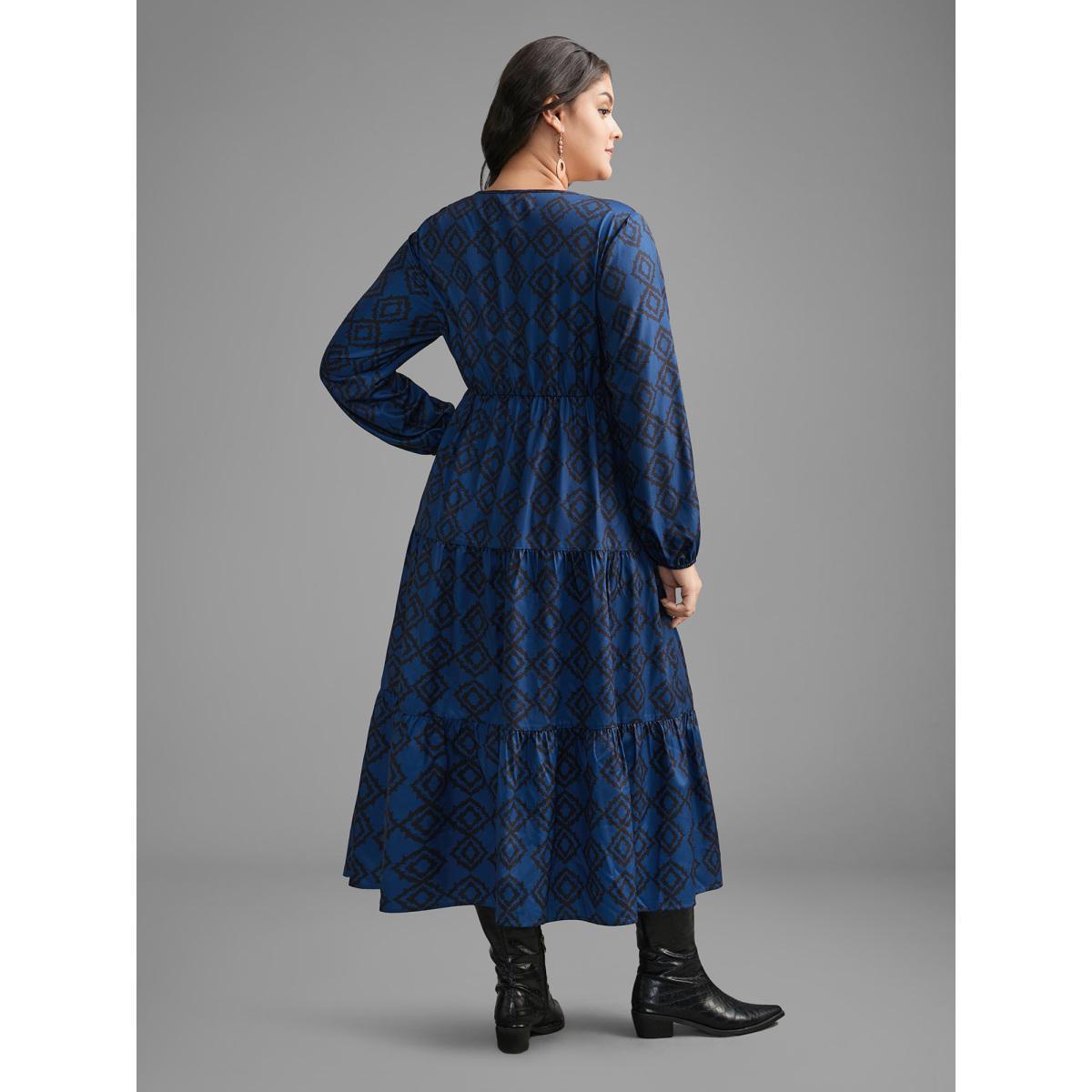 Plus Size Bandana Geometric Ruffle Layered Hem Dress Indigo Women Resort Non Round Neck Long Sleeve Curvy BloomChic 26/4X Product Image