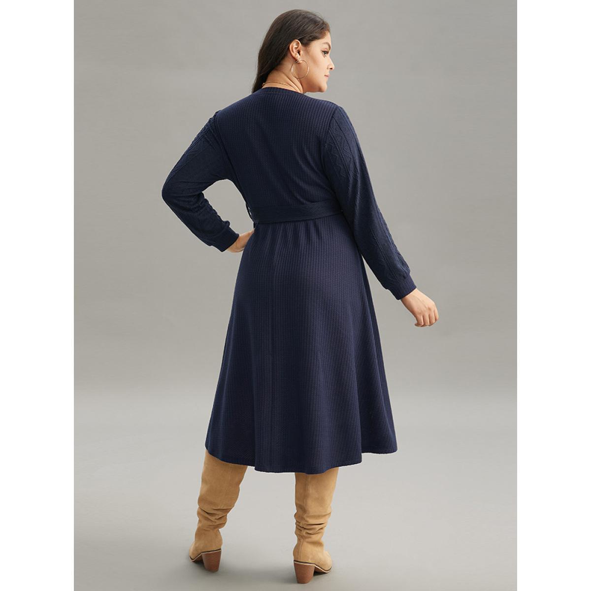 Plus Size Solid Waffle Knit Round Neck Belted Dress DarkBlue Women Casual Texture Round Neck Long Sleeve Curvy Midi Dress BloomChic 18-20/2X Product Image