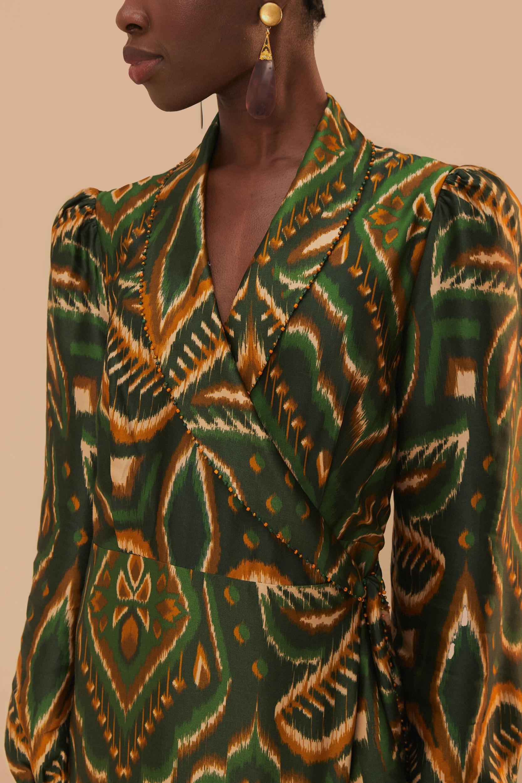 Green Pineapple Ikat Long Sleeve Midi Dress, PINEAPPLE IKAT GREEN / S Product Image