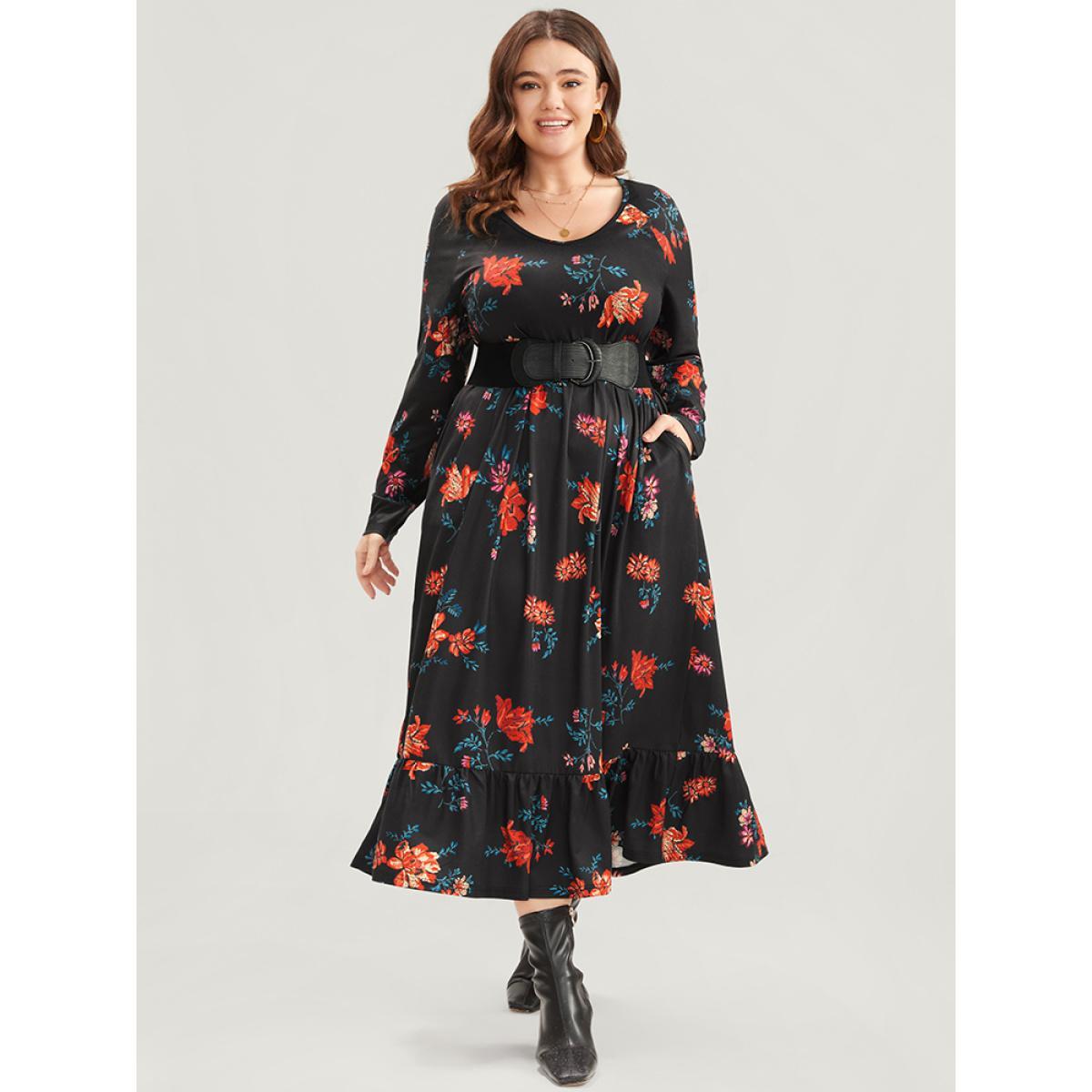 Plus Size Floral Print V Neck Pocket Flutter Hem Dress Without Belt Multicolor Women Elegant Pocket V-neck Long Sleeve Curvy Midi Dress BloomChic 30/6X Product Image
