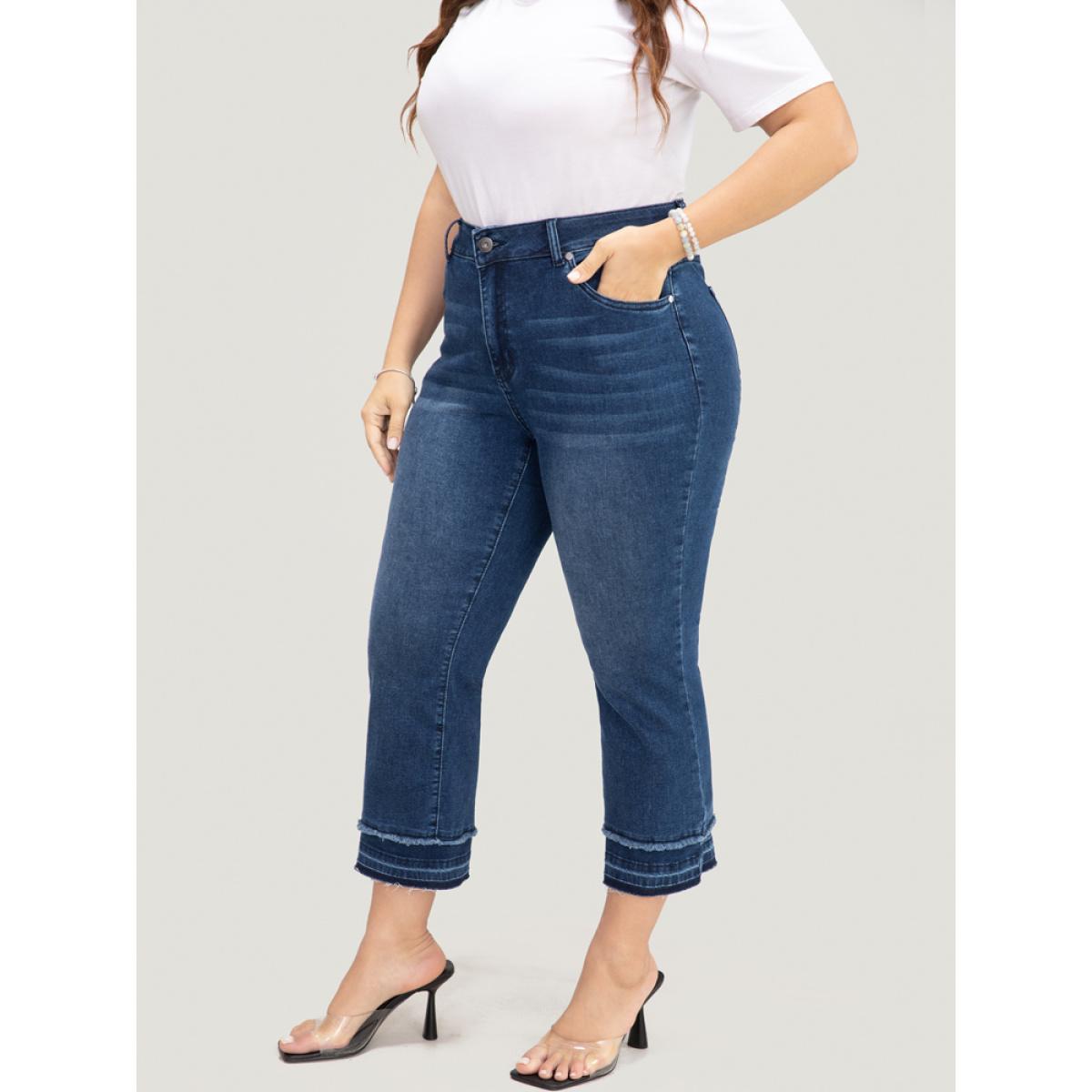 Plus Size Bootcut Very Stretchy High Rise Dark Wash Fringe Detail Jeans Women DarkBlue Casual Plain High stretch Slanted pocket Jeans BloomChic 28/5X Product Image
