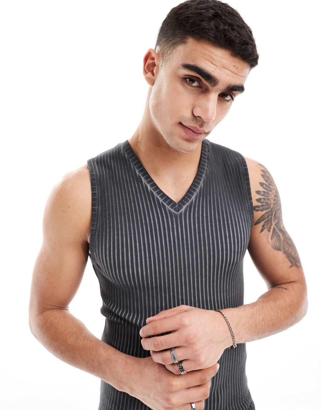ASOS DESIGN muscle fit tank top in ribbed charcoal oil wash Product Image