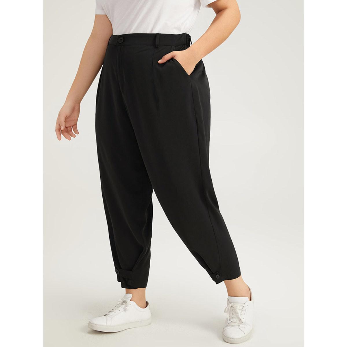 Plus Size Solid Pocket Button Up Straight Leg Pants Women Black Casual Straight Leg High Rise Dailywear Pants BloomChic 22-24/3X Product Image
