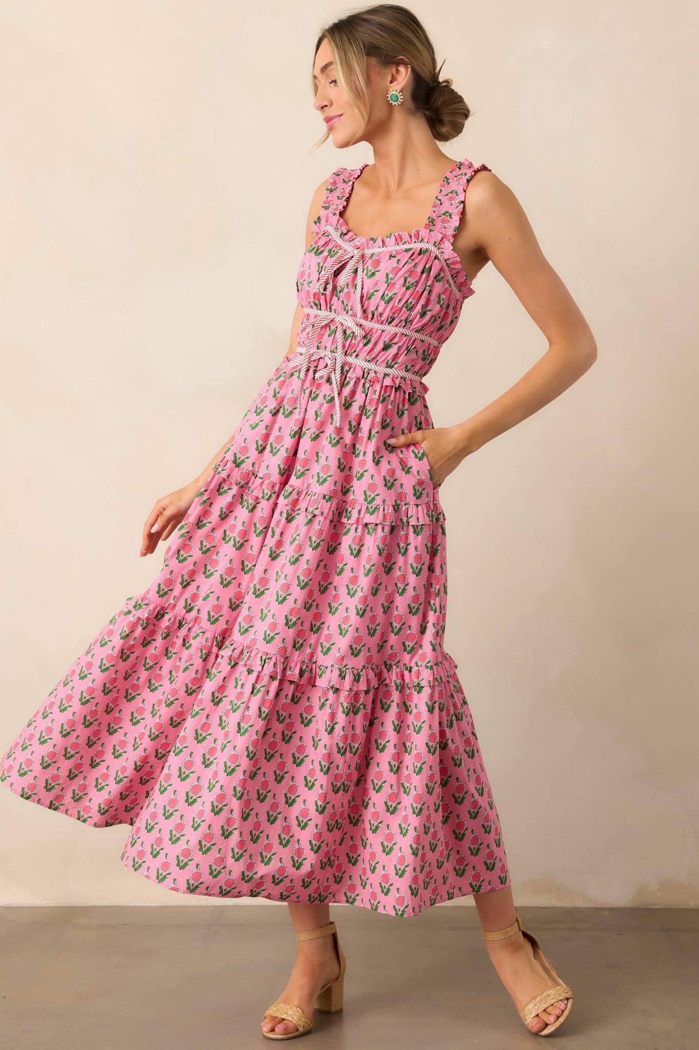 Tour Of The City Cotton Pink Floral Midi Dress Product Image