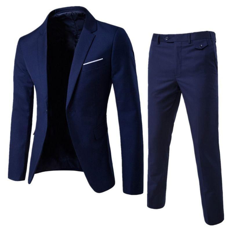 Set: Lapel Collar Contrast Trim One-Buttoned Blazer + Mid Rise Straight Leg Dress Pants Product Image