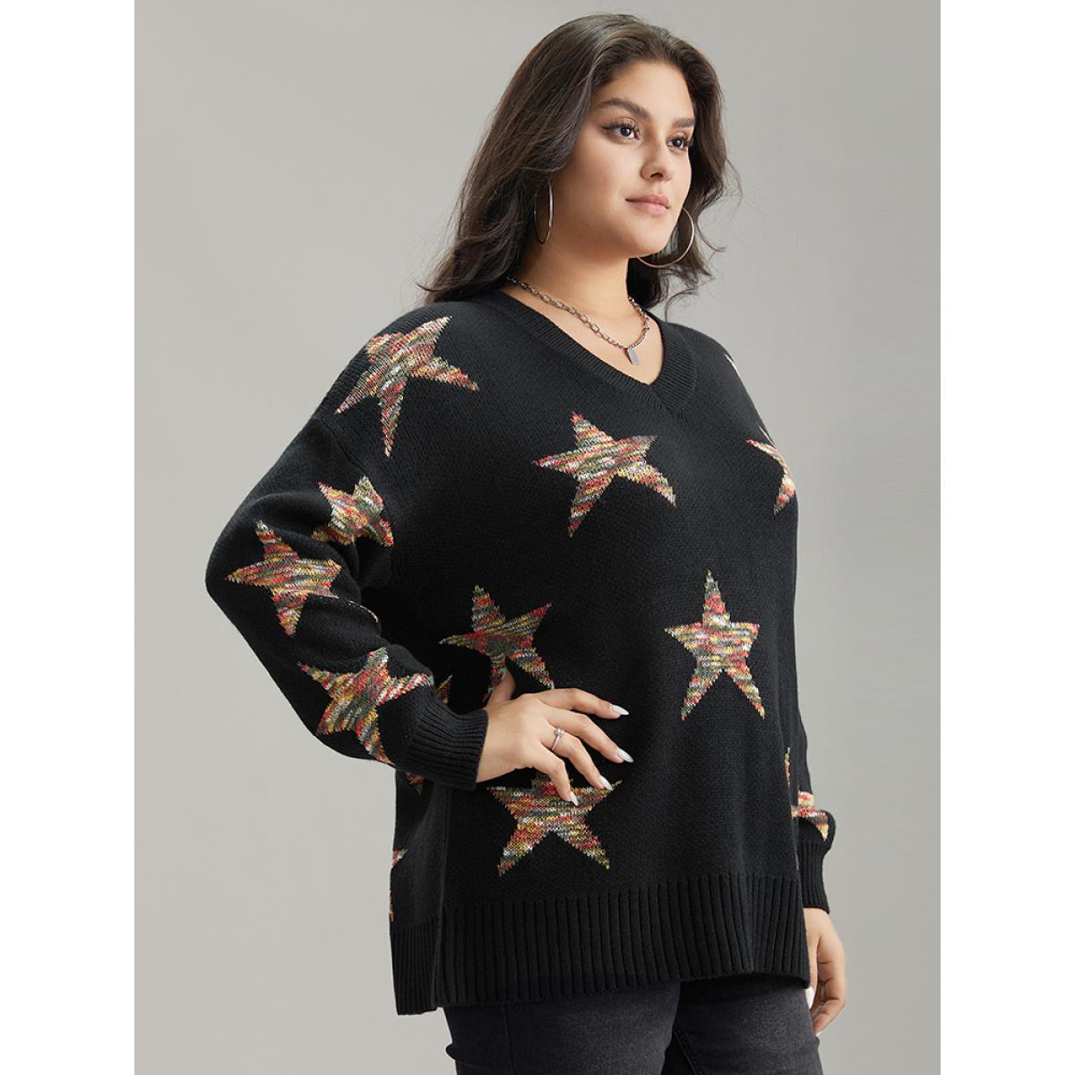 Plus Size Star Heather Elastic Cuffs Pullover Black Women Casual Loose Long Sleeve V-neck Dailywear Pullovers BloomChic 12/L Product Image