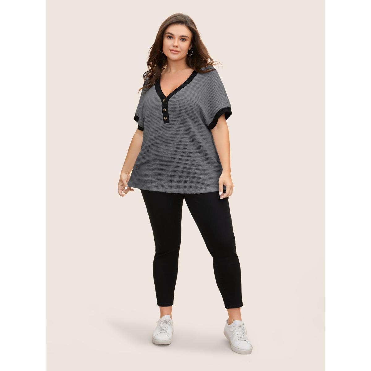 Plus Size V Neck Contrast Button Detail Knit T-shirt DimGray Women Casual Texture V-neck Everyday T-shirts BloomChic 10/M Product Image