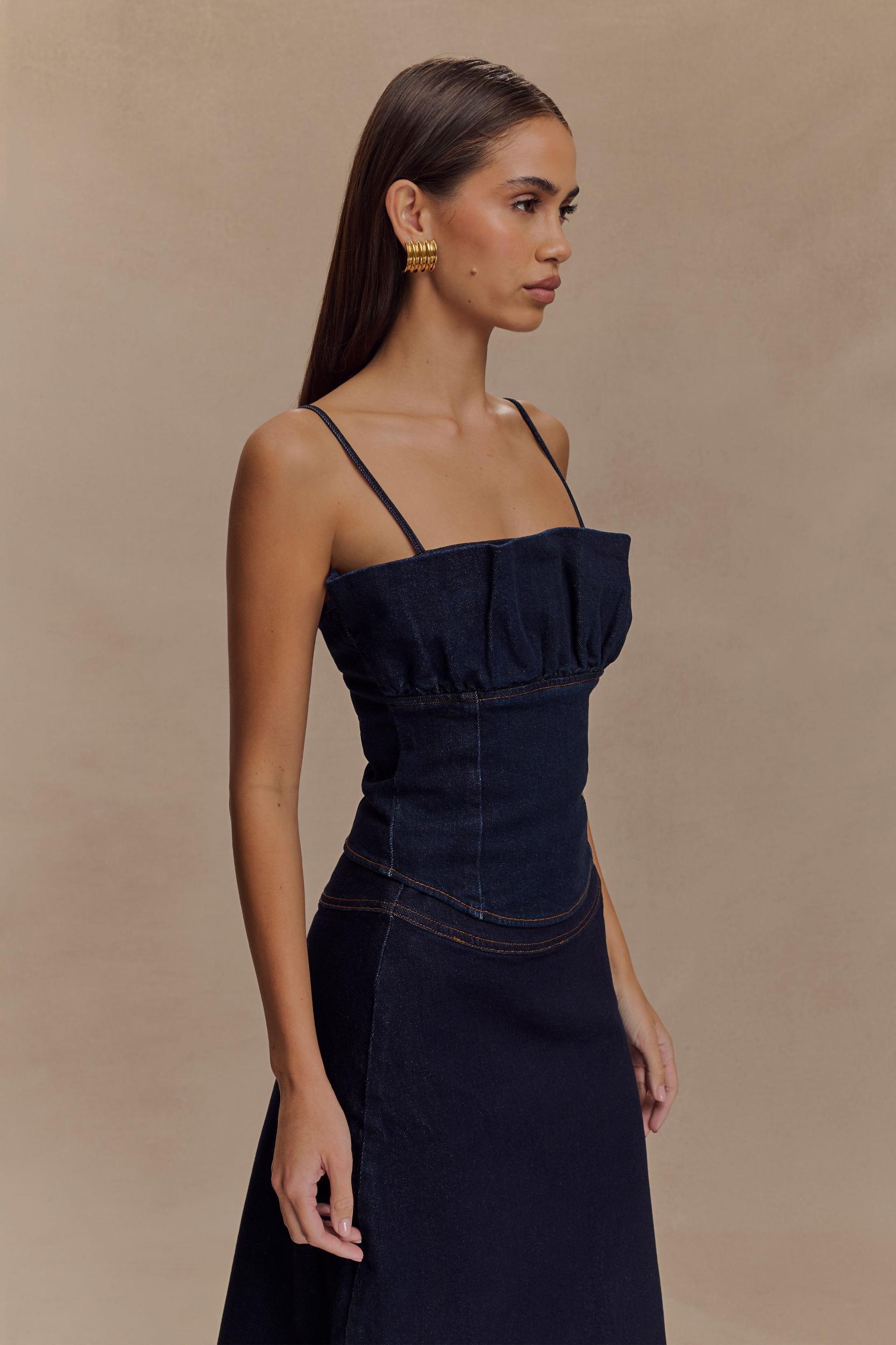 Cecilia Denim A-Line Midi Skirt - Indigo Blue Product Image