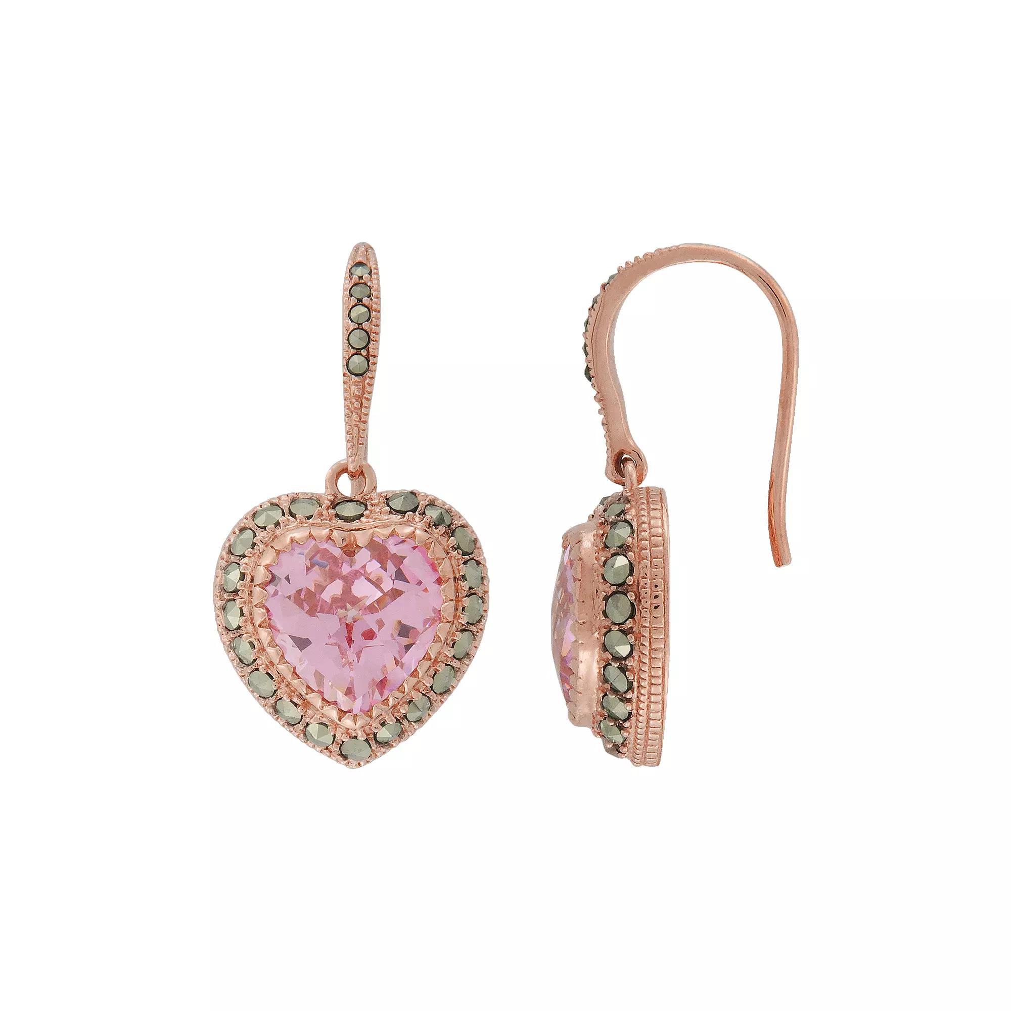 Lavish by TJM 14k Rose Gold Over Silver Pink Cubic Zirconia Heart Drop Earrings, Women's Product Image