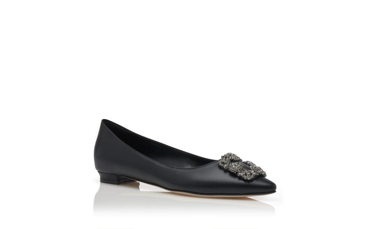 HANGISIFLAT Black Calf Leather Jewel Buckle Flat Pumps Product Image