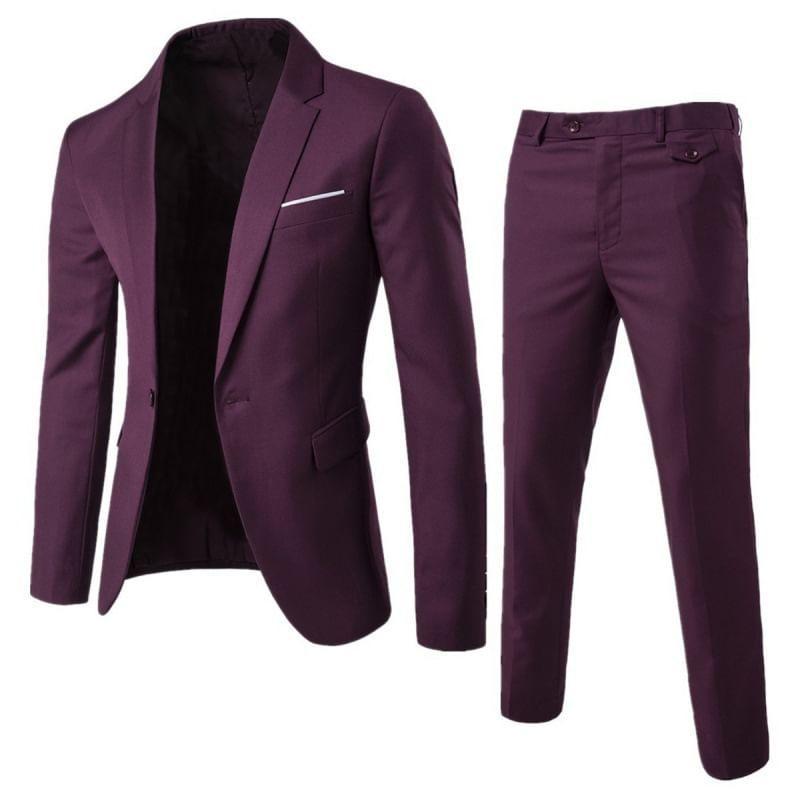 Set: Lapel Collar Contrast Trim One-Buttoned Blazer + Mid Rise Straight Leg Dress Pants Product Image