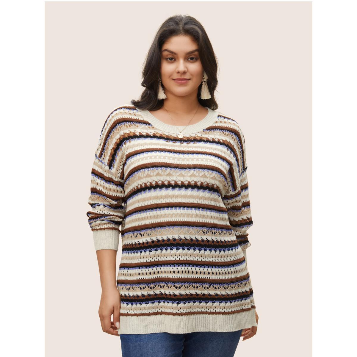 Plus Size Striped Contrast Drop Shoulder Hollow Out Pullover Beige Women Casual Long Sleeve Round Neck Everyday Pullovers BloomChic 14-16/1X Product Image
