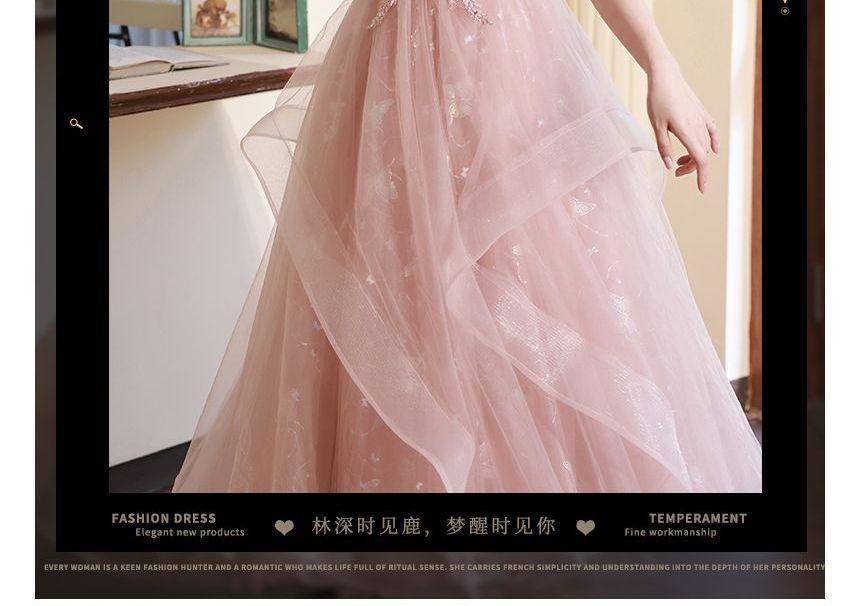 Short-Sleeve Square Neck Lace-Up Back Mesh A-Line Evening Gown Product Image