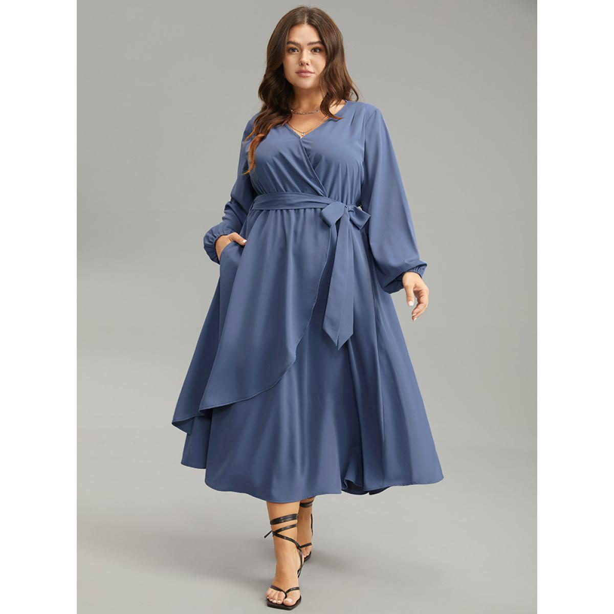 Plus Size Anti-Wrinkle Wrap Layered Belted Dress Stone Women Elegant Plain V-neck Long Sleeve Curvy Midi Dress BloomChic 14-16/1X Product Image