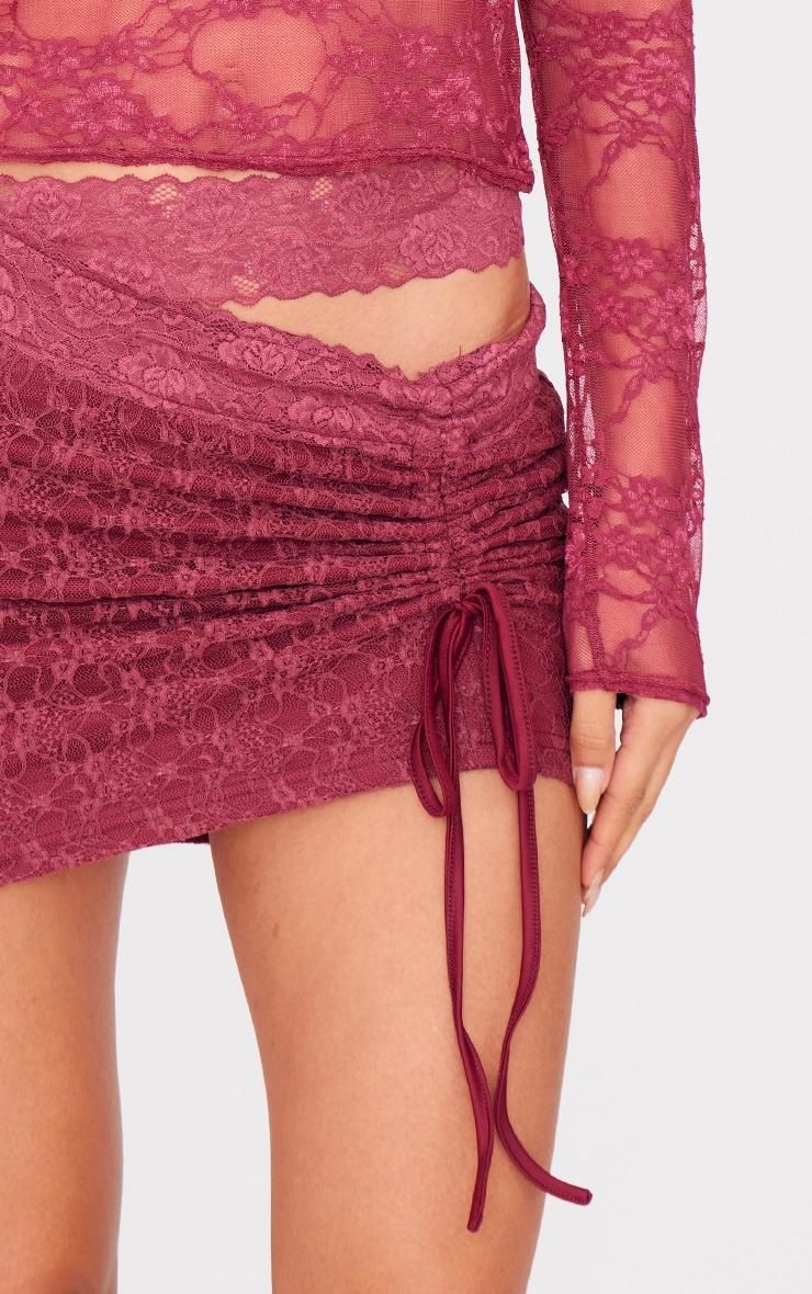 Burgundy Lace Ruched Detail Mini Skirt Product Image