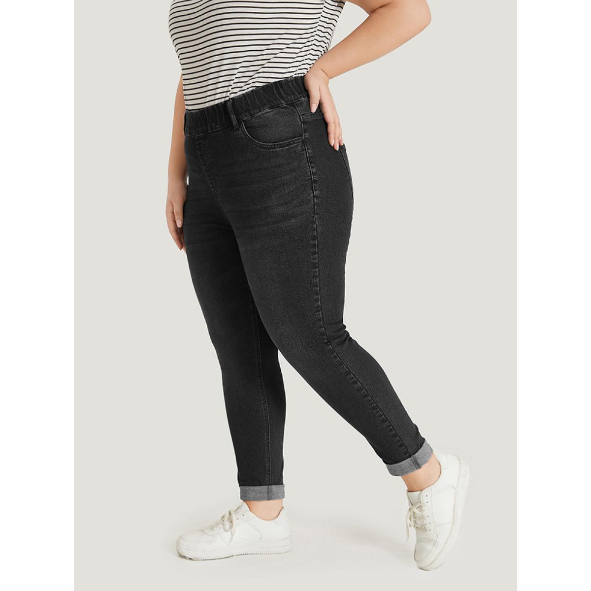 Plus Size Plain Elastic Waist Medium Wash Roll Hem Jeans Women Black Casual Plain Plain High stretch Pocket Jeans BloomChic 30/6X Product Image
