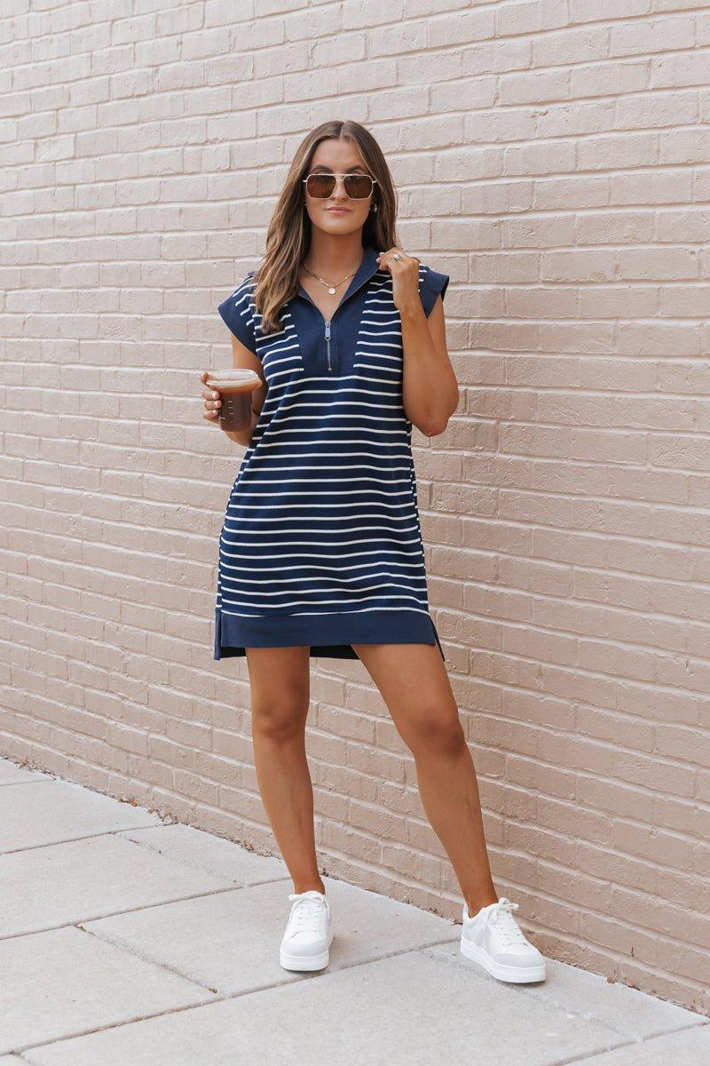 Navy Stripe Zip Up Mini Dress - FINAL SALE Product Image