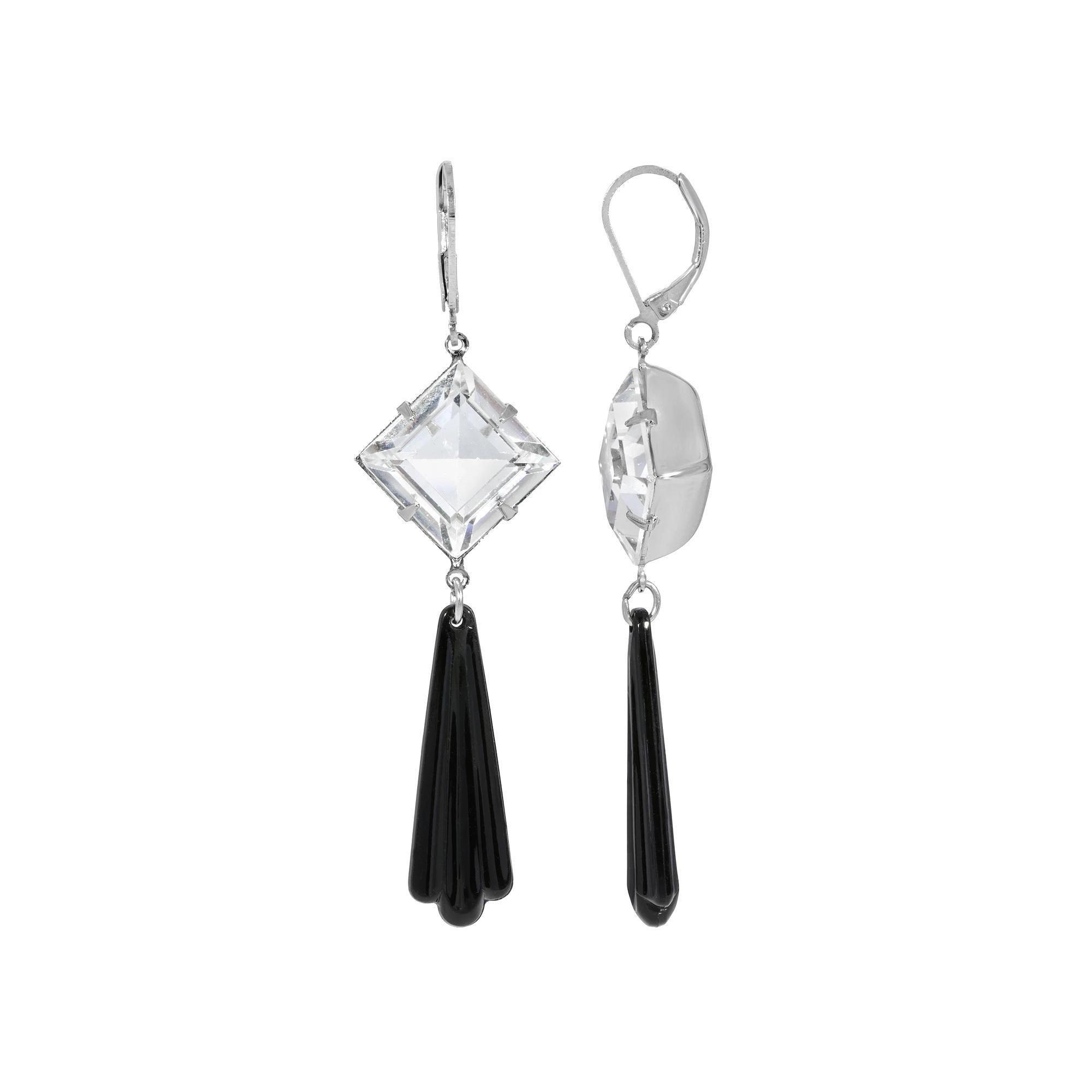 1928 Silver Tone Crystal & Black Beaded Stone Drop Earrings, Womens Product Image
