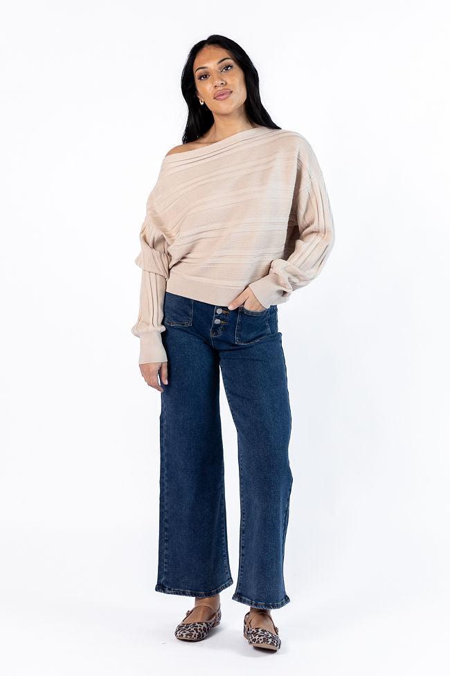 Feels Right Beige Off The Shoulder Ribbed Sweater SALE Product Image