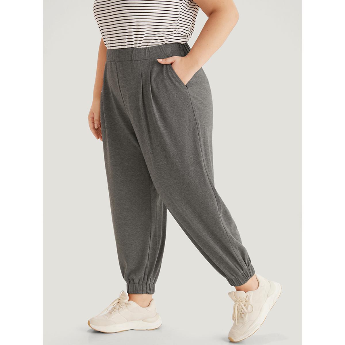 Plain Pocket Elastic Waist Carrot Sweatpants DarkGray Plus Size Women Casual Dailywear Plain 28/5X Bloomchic Product Image