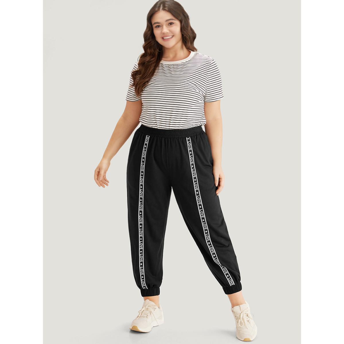 Plain Pocket Contrast Webbing Sweatpants Black Plus Size Women Casual Dailywear Plain 10/M Bloomchic Product Image