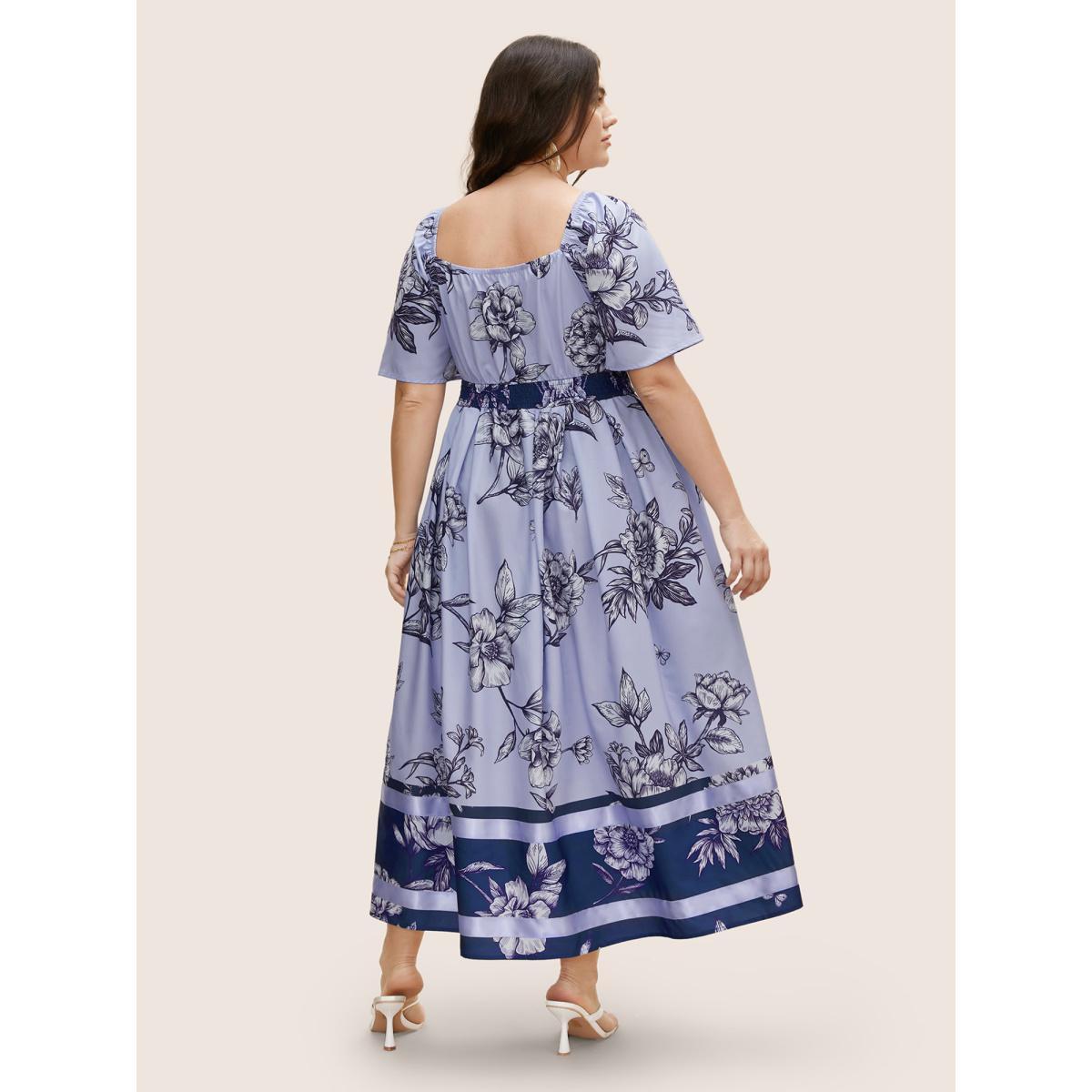 Plus Size Boho Print Heart Neckline Ruffle Sleeve Maxi Dress Mediumblue Women Elegant Woven ribbon&lace trim Square Neck Short sleeve Curvy BloomChic 28/5X Product Image