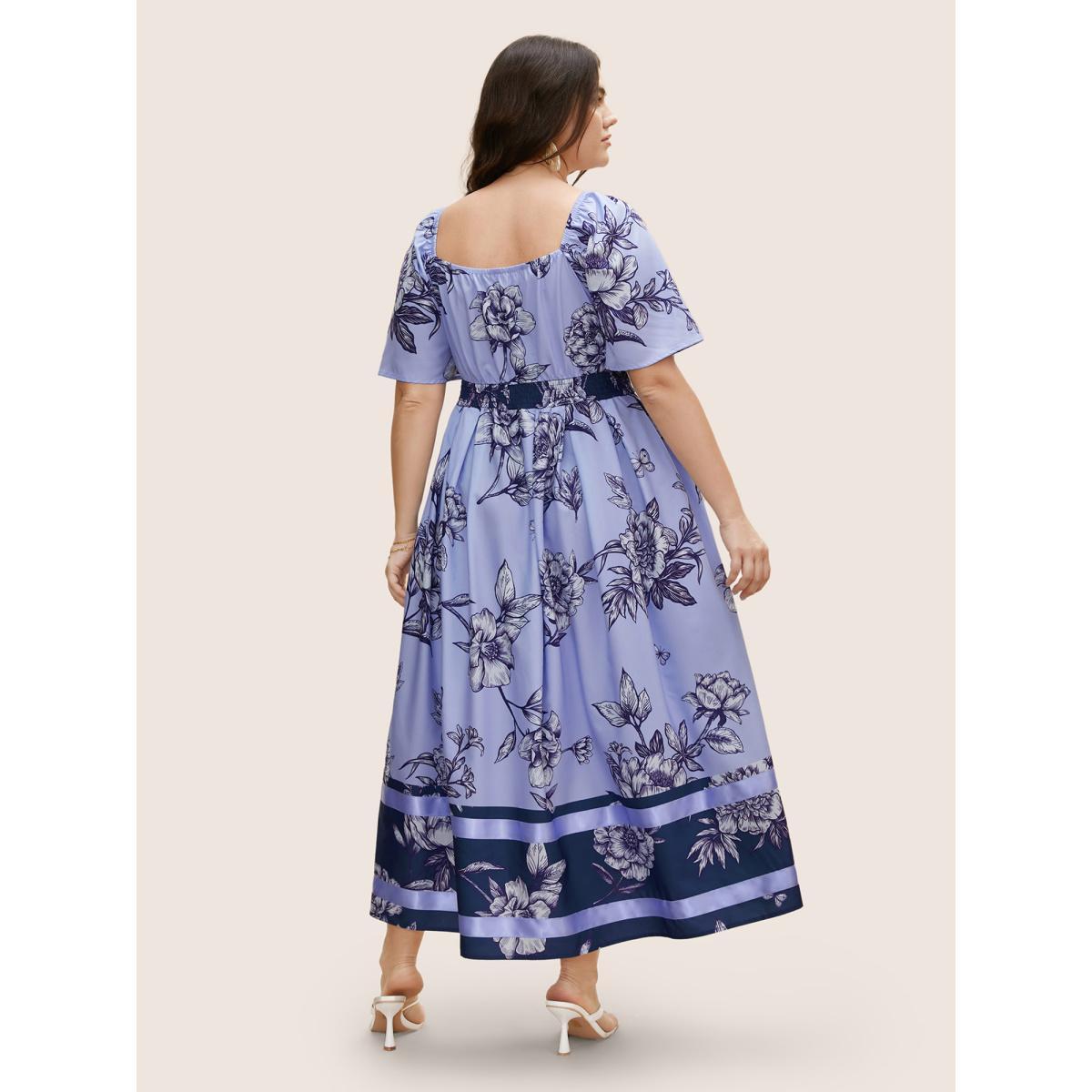 Plus Size Boho Print Heart Neckline Ruffle Sleeve Maxi Dress Mediumblue Women Elegant Woven ribbon&lace trim Square Neck Short sleeve Curvy BloomChic 26/4X Product Image