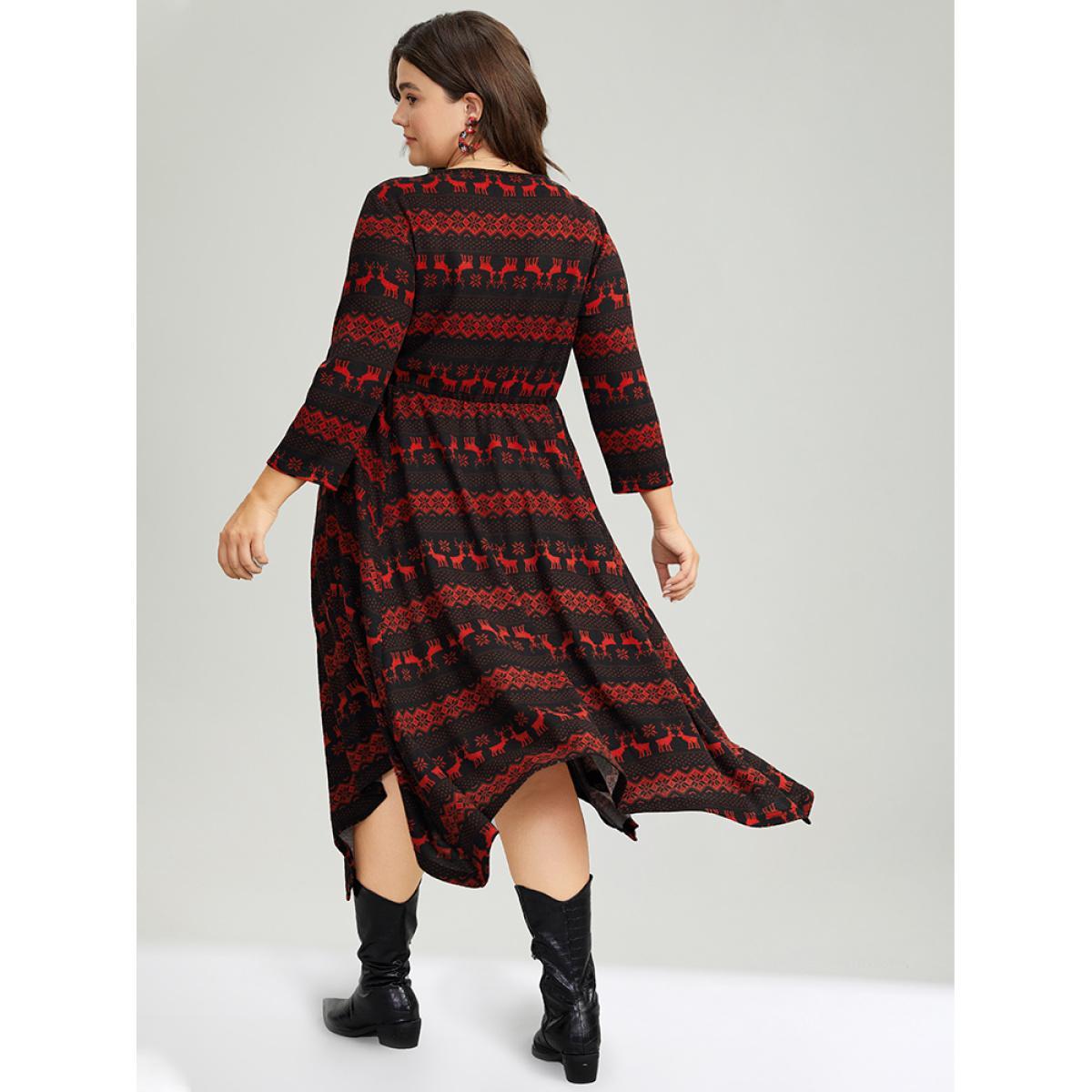 Plus Size Christmas Elk Elastic Waist Hanky Hem Dress Scarlet Women Casual Printed Round Neck Elbow-length sleeve Curvy Midi Dress BloomChic 30/6X Product Image