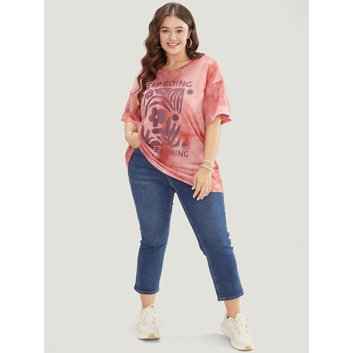 Plus Size Slogan & Floral Crew Neck Short Sleeve Tie Dye T-shirt Coral Women Casual Printed Natural Flowers Dailywear T-shirts BloomChic 12/L Product Image