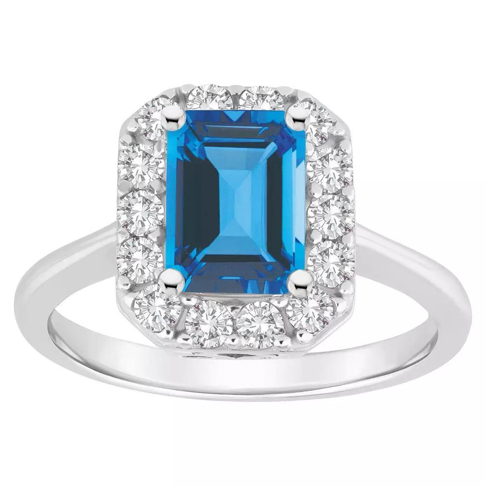 Celebration Gems Sterling Silver Emerald Cut Gemstone Halo Ring, Women's, Size: 9, Blue Topaz Product Image