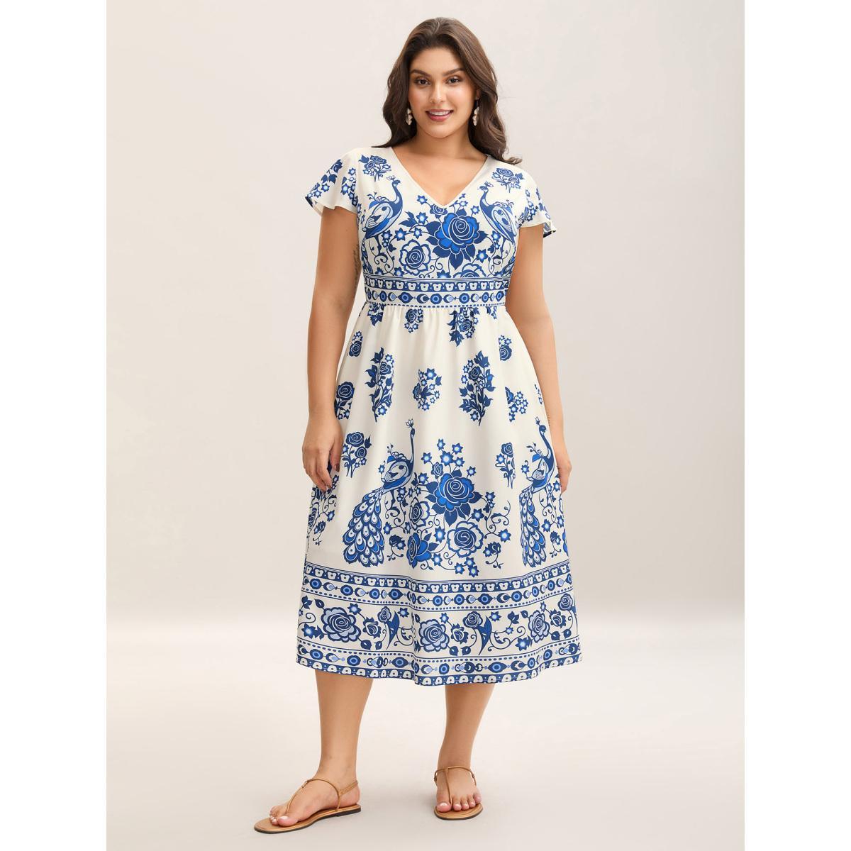Plus Size Boho Print V-Neck Pockets Midi Dress Mediumblue Women V-neck Short sleeve Curvy BloomChic 10/M Product Image