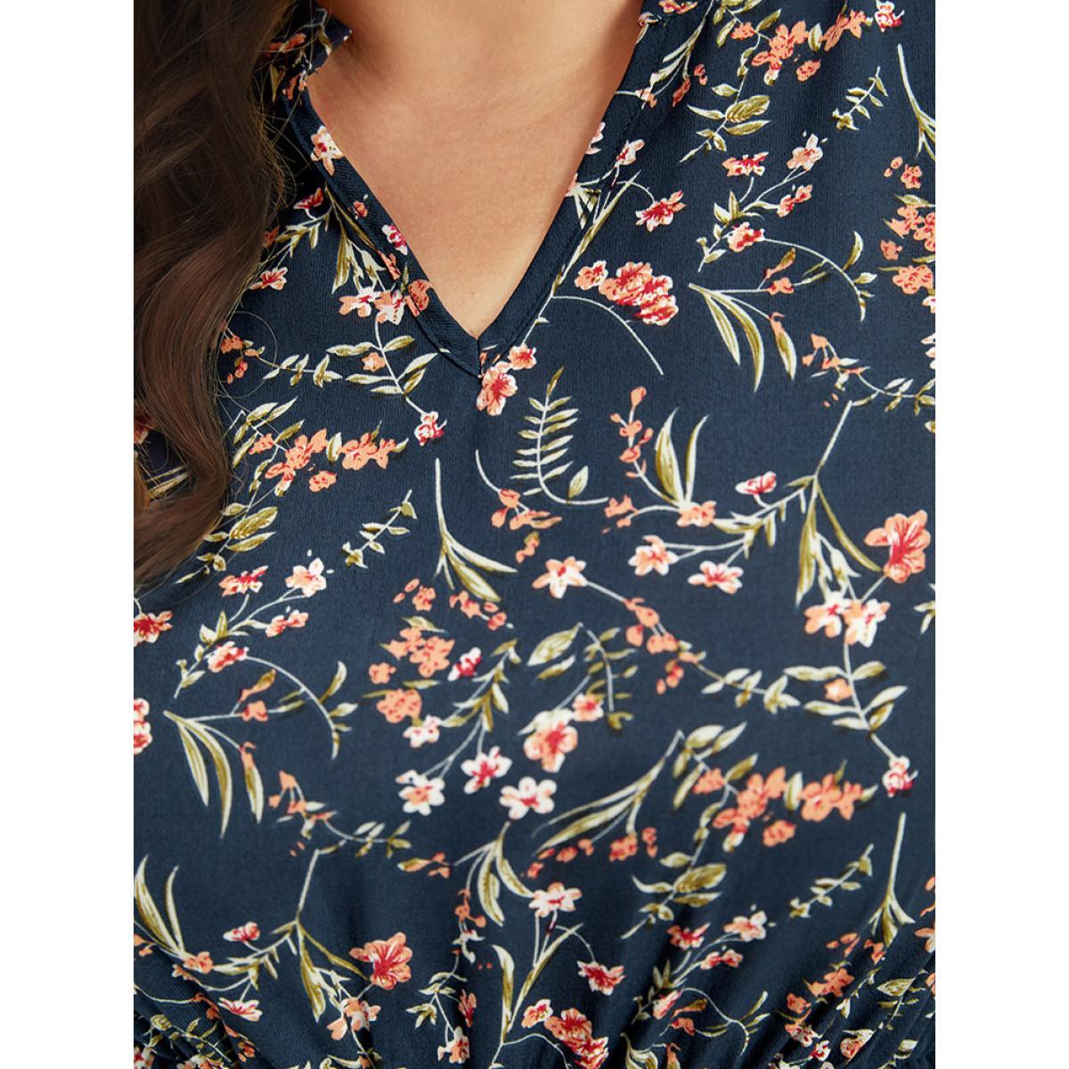 Plus Size Ditsy Floral Notched Flutter Trim Elastic Waist Dress DarkBlue Women Elegant Printed Notched collar Half Sleeve Curvy Midi Dress BloomChic 12/L Product Image