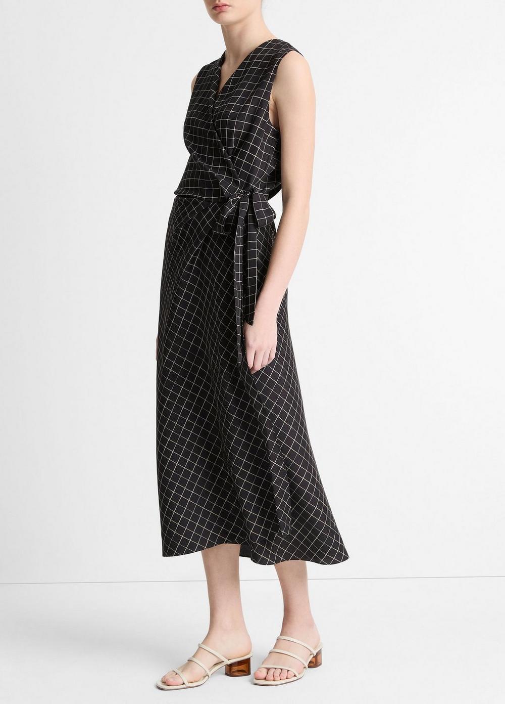 Womens Trellis Plaid Draped Sleeveless Wrap Dress, Black/cream, Size L Vince Product Image