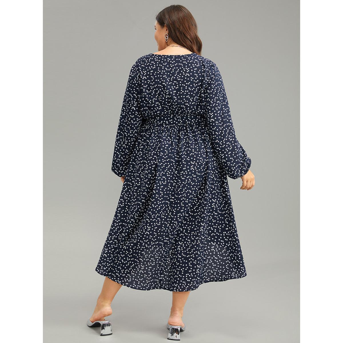 Plus Size Heart Print Belted Surplice Neck Dress DarkBlue Women Elegant Elastic cuffs V-neck Long Sleeve Curvy Midi Dress BloomChic 22-24/3X Product Image