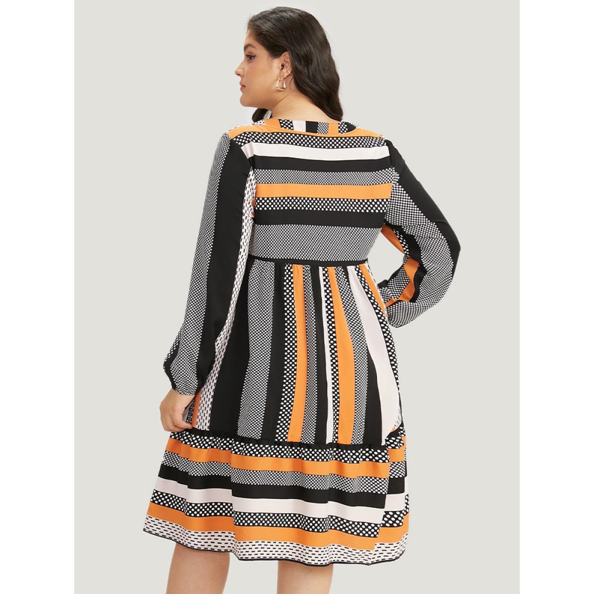 Plus Size Polka Dot & Striped Print Notched Pocket Dress Orange Women Office Elastic cuffs Notched collar Long Sleeve Curvy Midi Dress BloomChic 22-24/3X Product Image