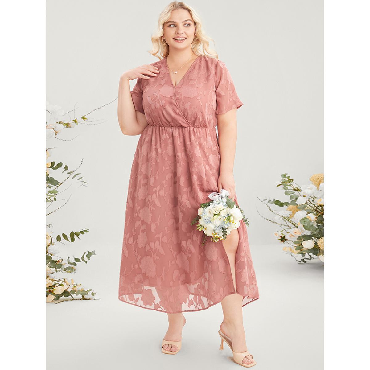 Plus Size Plain Surplice Neck Split Mesh Pocket Ruffles Dress Rouge Women Elegant See through Overlap Collar Short sleeve Curvy Long Dress BloomChic 10/M Product Image