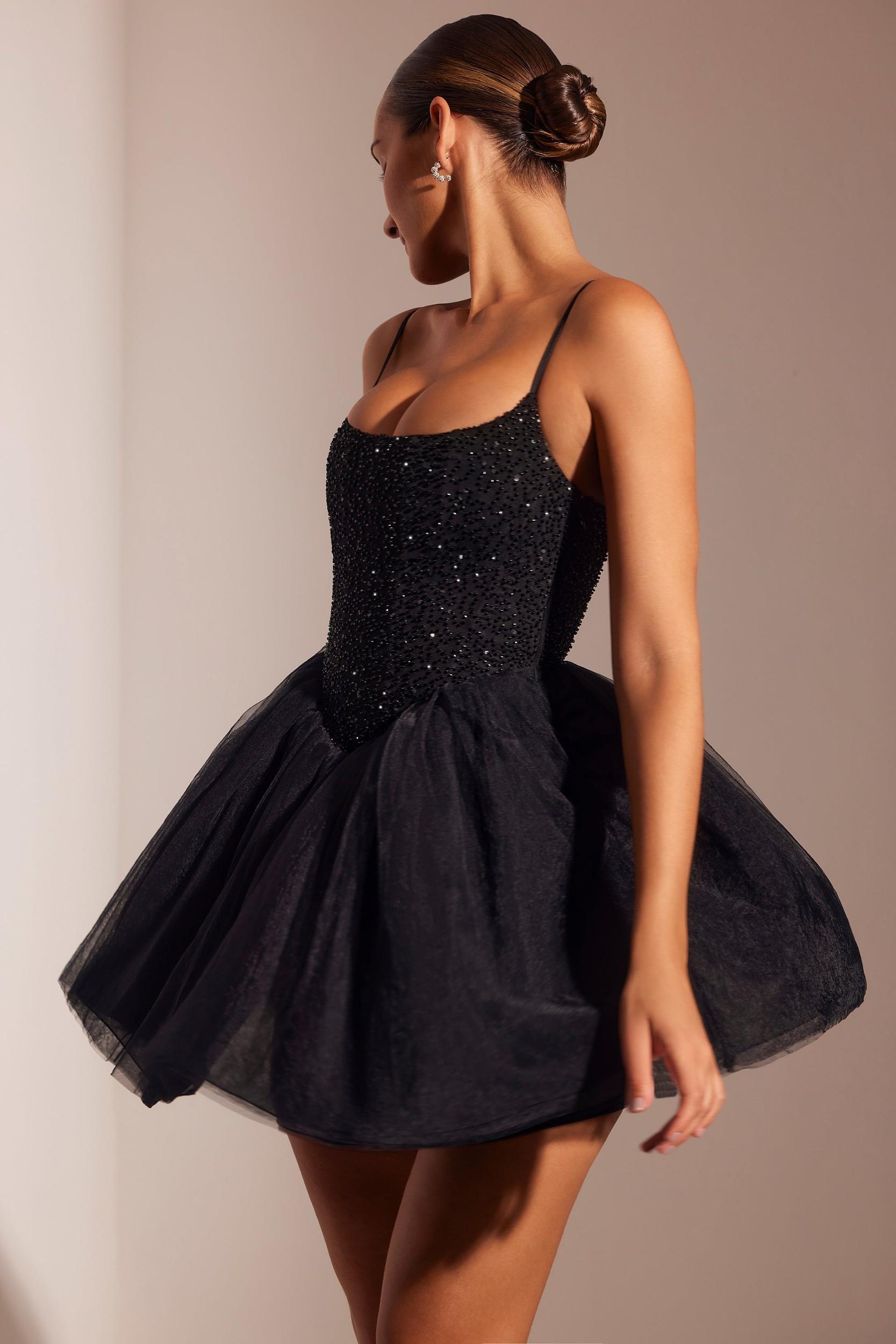 Embellished Corset Tulle Skirt Mini Dress in Black Product Image