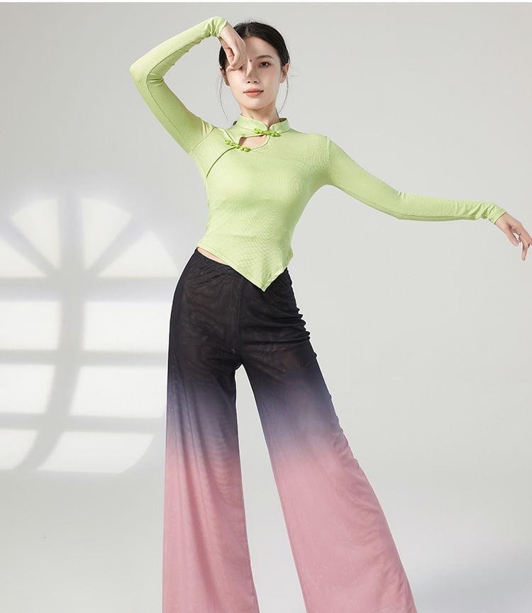 Long-Sleeve Mock Neck Plain Asymmetrical Dance Top Product Image