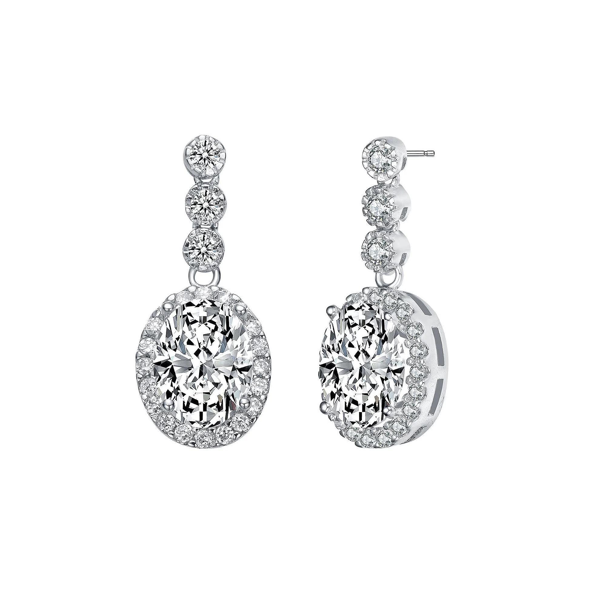 Sterling Silver Oval & Round Cubic Zirconia Halo Drop Earrings, Womens Product Image