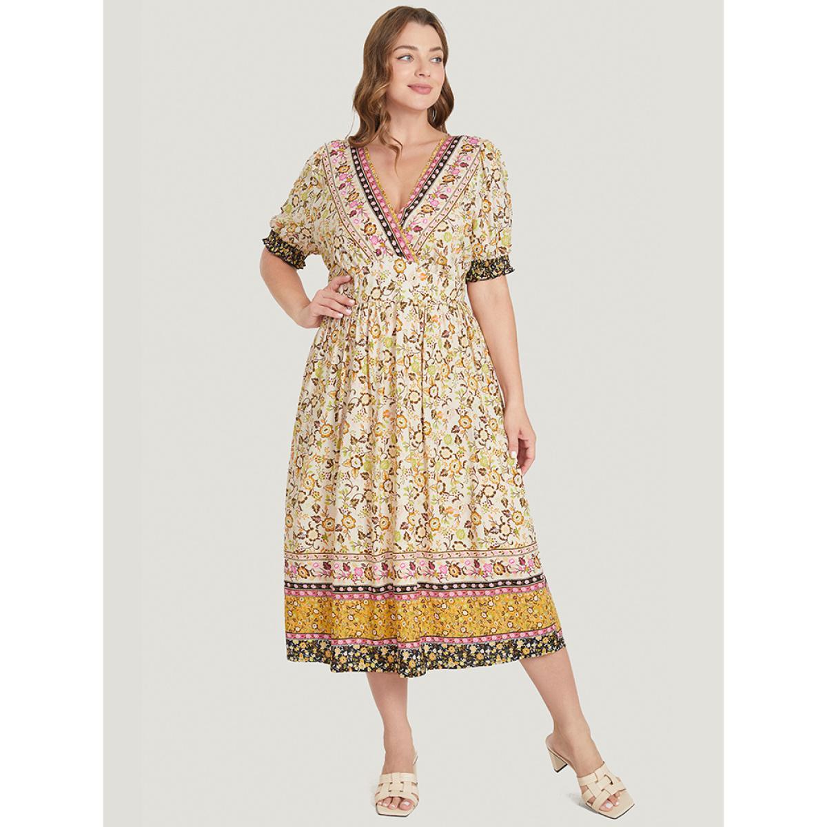 Plus Size Bandana Print Surplice Neck Pocket Shirred Puff Sleeve Dress Orange Women Vacation Overlap Collar Short sleeve Curvy Midi Dress BloomChic 18-20/2X Product Image