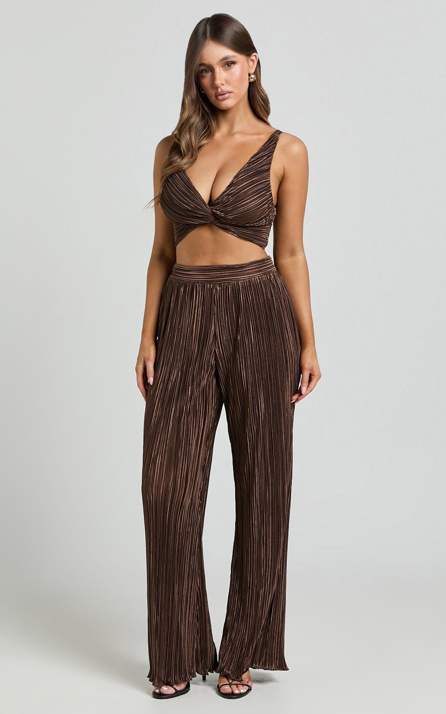 Gabby Two Piece Set - V Neck Twist Front Plisse Crop Top and High Waisted Plisse Relaxed Pants in Chocolate Product Image