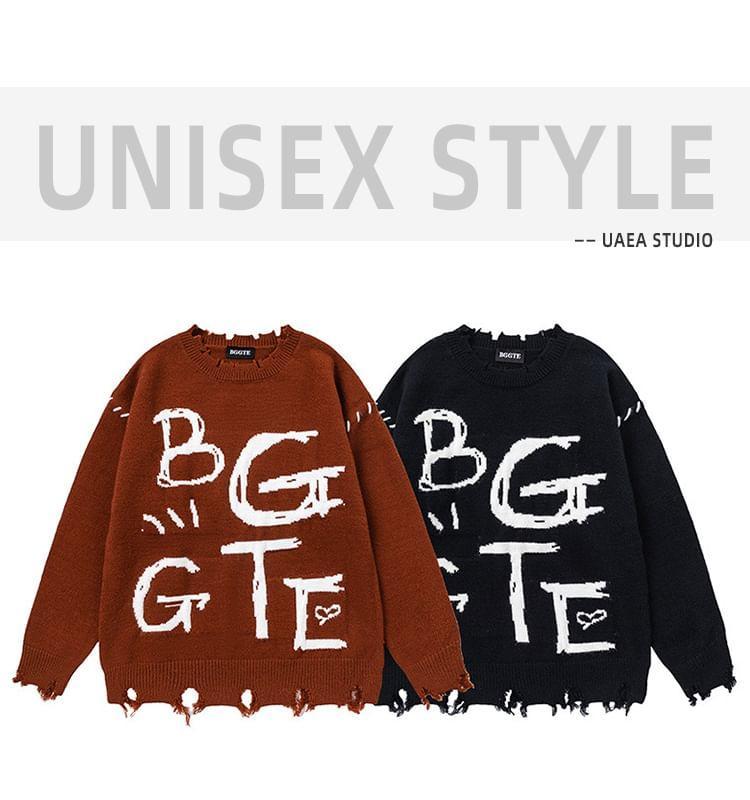 Couple Matching Crew Neck Lettering Distressed Sweater Product Image