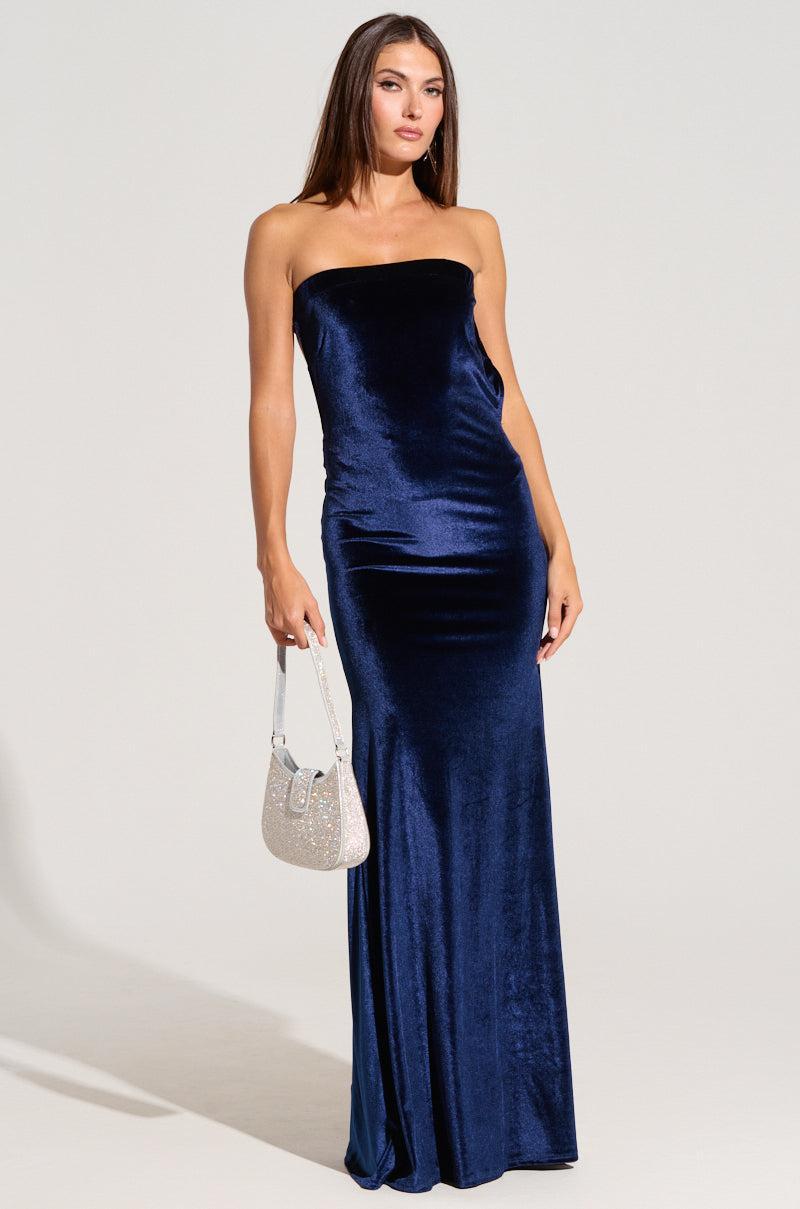 LOST YOUR CHANCE NAVY VELVET MAXI DRESS Product Image