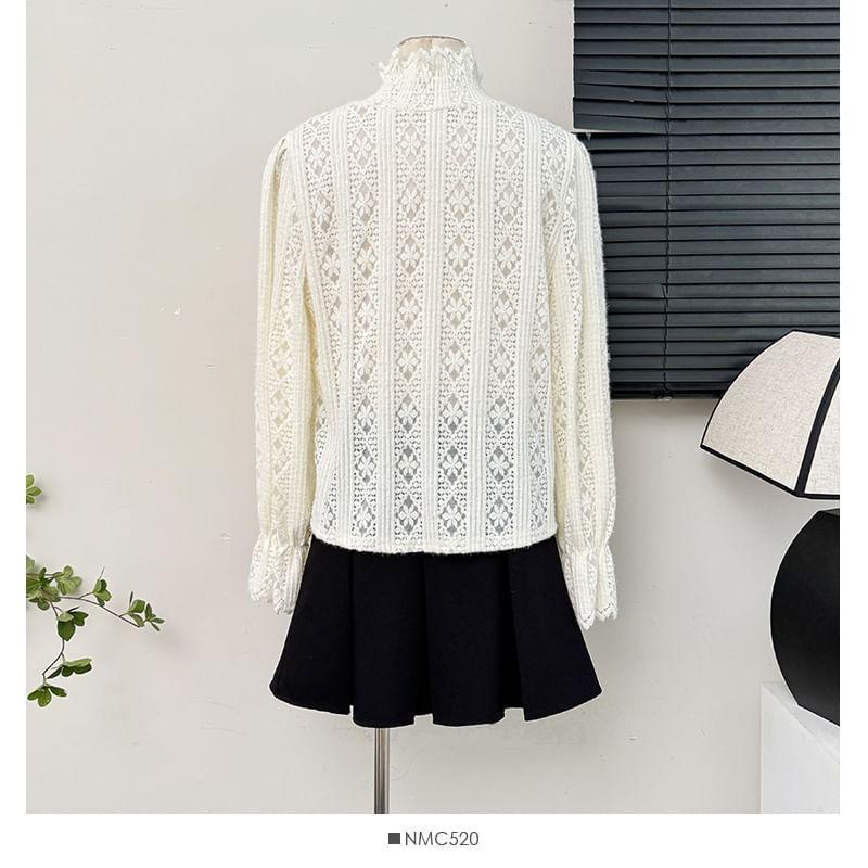 Bell-Sleeve High-Neck Lace Top Product Image