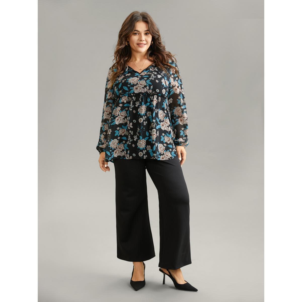 Plus Size BlackFlower Chiffon Floral Print Ties Flutter Trim Blouse Women Elegant Long Sleeve Tie Neck Work Blouses BloomChic 18-20/2X Product Image