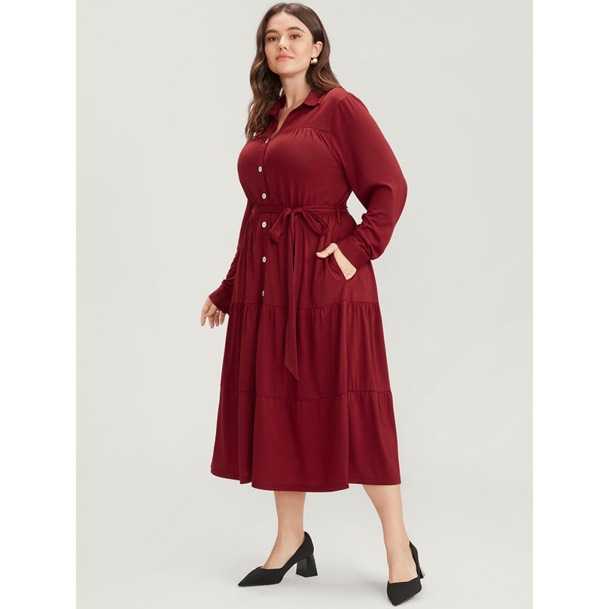 Plus Size Solid Pocket Button Up Belted Flutter Dress Scarlet Women Office Gathered Shirt collar Long Sleeve Curvy Midi Dress BloomChic 12/L Product Image