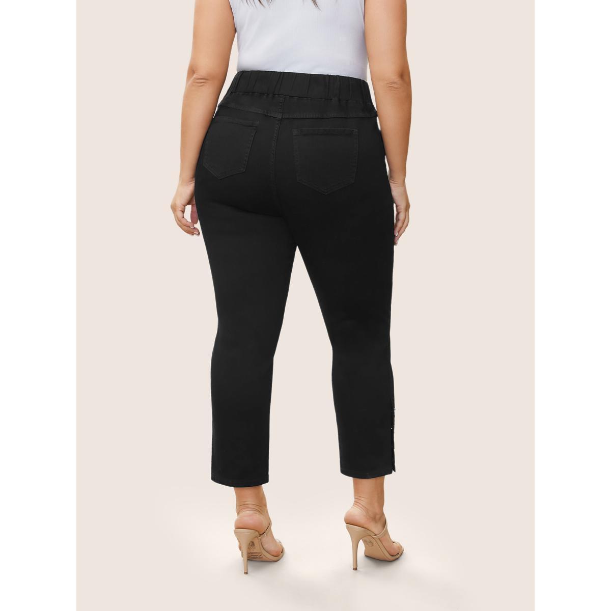 Plus Size Black Wash Button Detail Elastic Wais Slim Jeans Women Black Elegant Plain Non High stretch Pocket Jeans BloomChic 18/2X Product Image