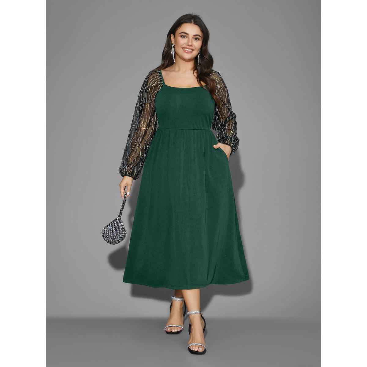 Plus Size Square Neck Patchwork Sequin Mesh Dress Black Women Cocktail Texture Party Curvy Bloomchic 22-24/3X Product Image